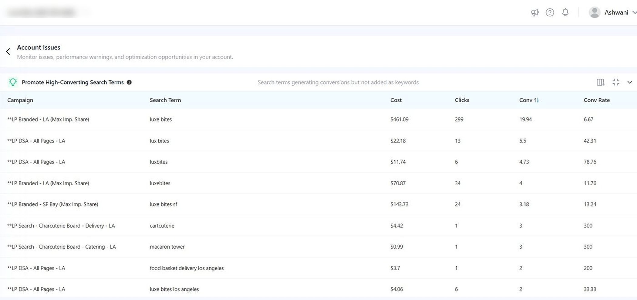 Top Performing Landing Pages audit showing conversion data and CPC by landing page URL