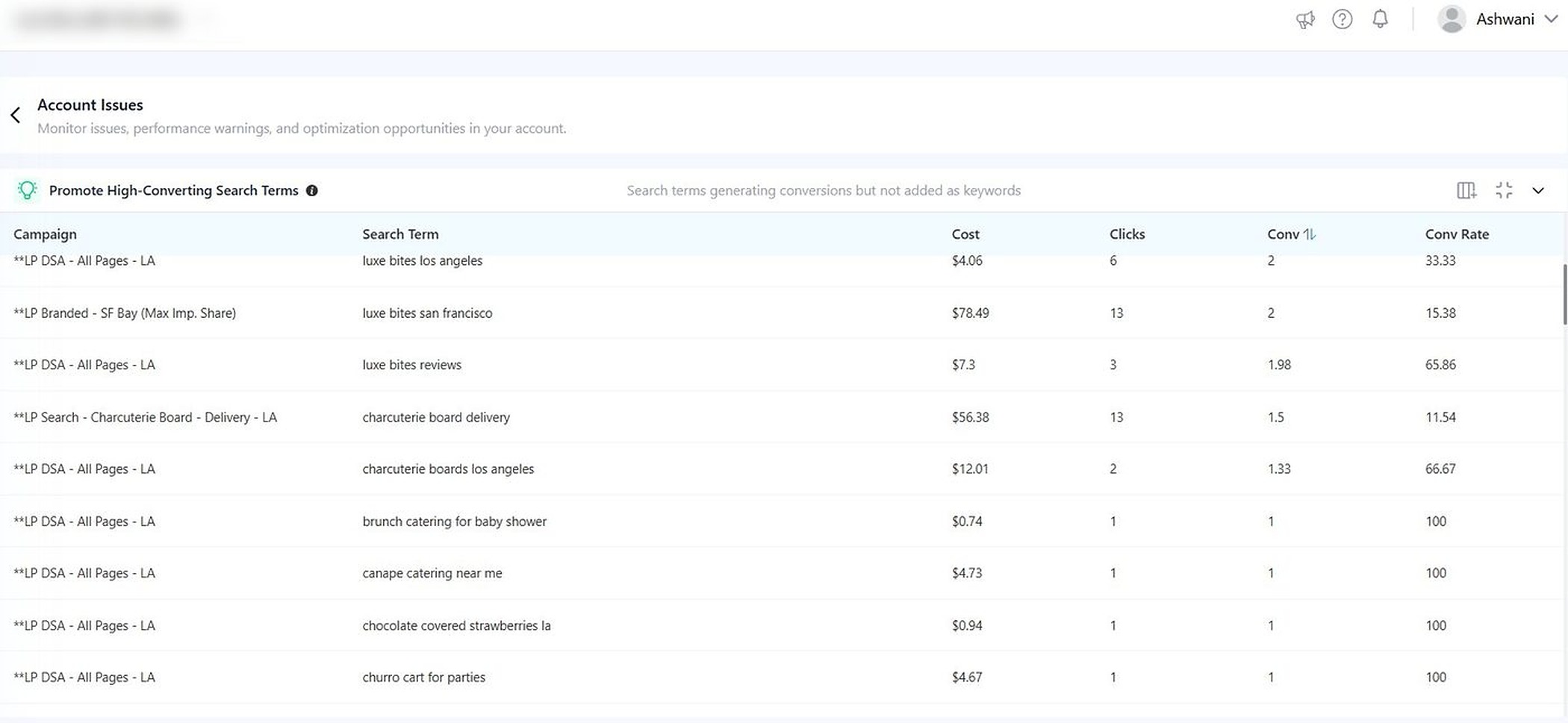 Promote High-Converting Search Terms audit showing brand search terms that should be added as keywords